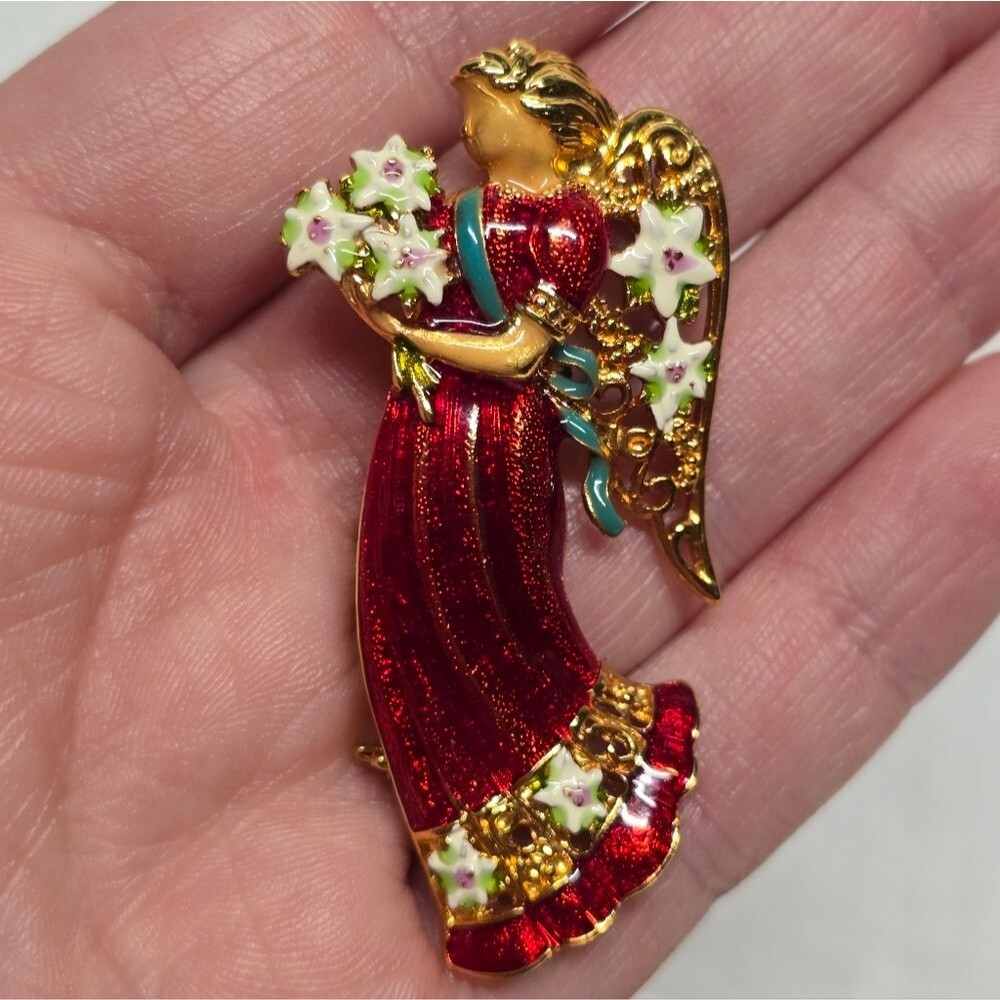 Christopher Radko Christmas Angel Brooch Gold Tone Red Enamel Signed Rare VTG - Picture 3 of 9
